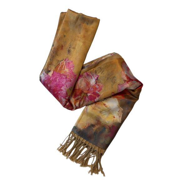 Floral Silk Scarf with Fringe Camel & Pink Solid Plush Back Soft Warm Artsy - Picture 3 of 7